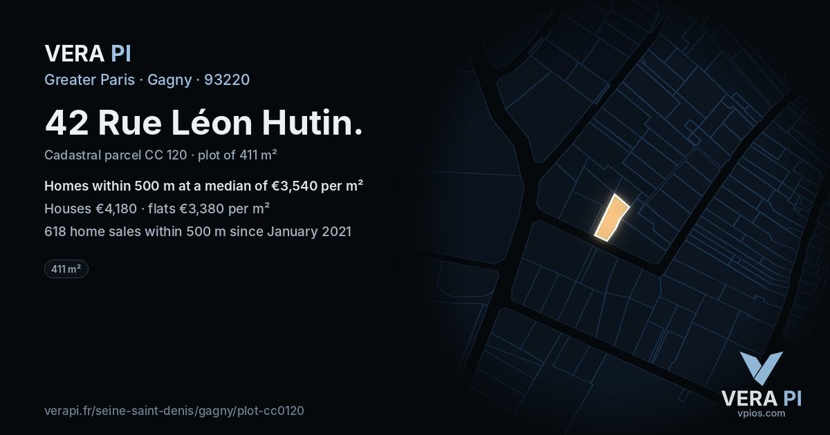 42 Rue Léon Hutin, Gagny at night – the plot lit, the parcels around coloured by the prices near them