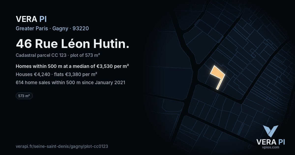 46 Rue Léon Hutin, Gagny at night – the plot lit, the parcels around coloured by the prices near them