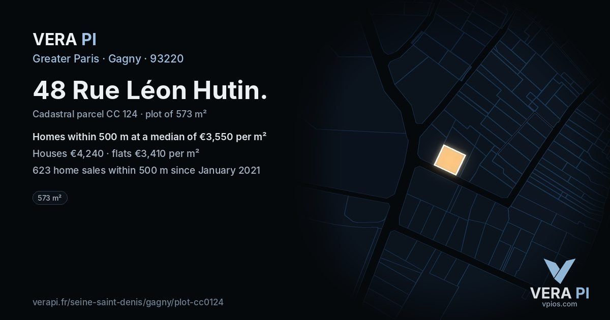 48 Rue Léon Hutin, Gagny at night – the plot lit, the parcels around coloured by the prices near them