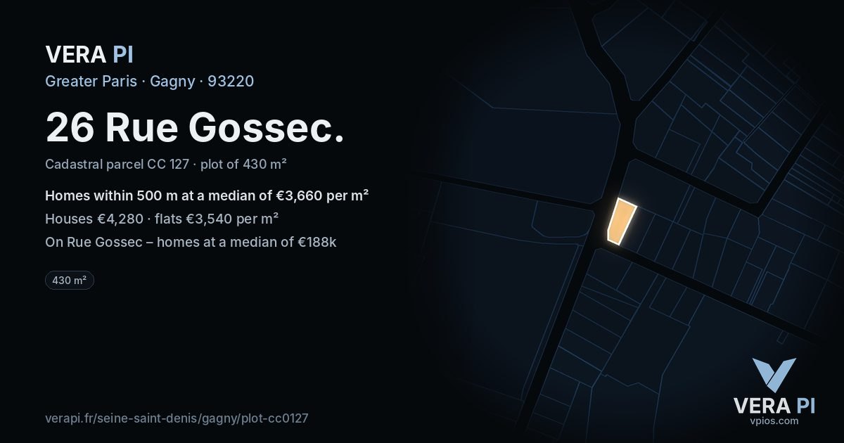 26 Rue Gossec, Gagny at night – the plot lit, the parcels around coloured by the prices near them
