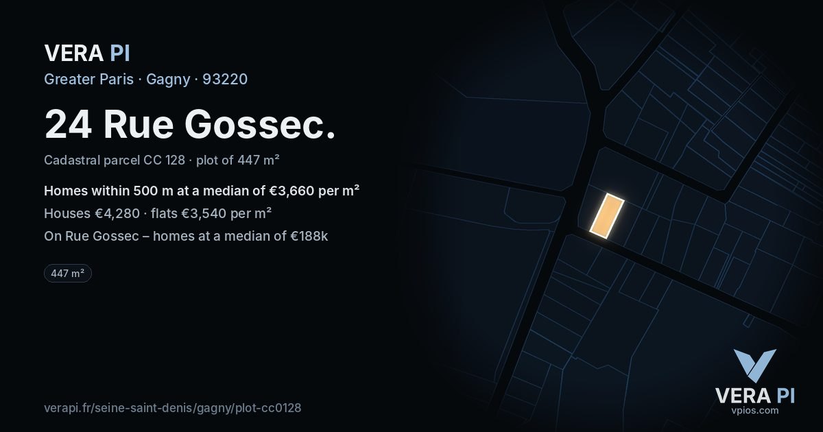 24 Rue Gossec, Gagny at night – the plot lit, the parcels around coloured by the prices near them