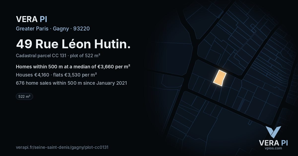 49 Rue Léon Hutin, Gagny at night – the plot lit, the parcels around coloured by the prices near them