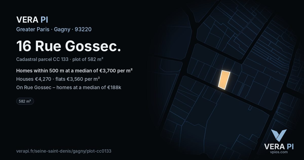 16 Rue Gossec, Gagny at night – the plot lit, the parcels around coloured by the prices near them