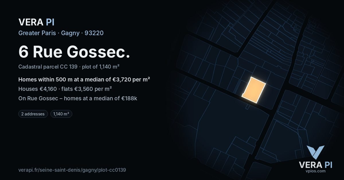 6 Rue Gossec, Gagny at night – the plot lit, the parcels around coloured by the prices near them