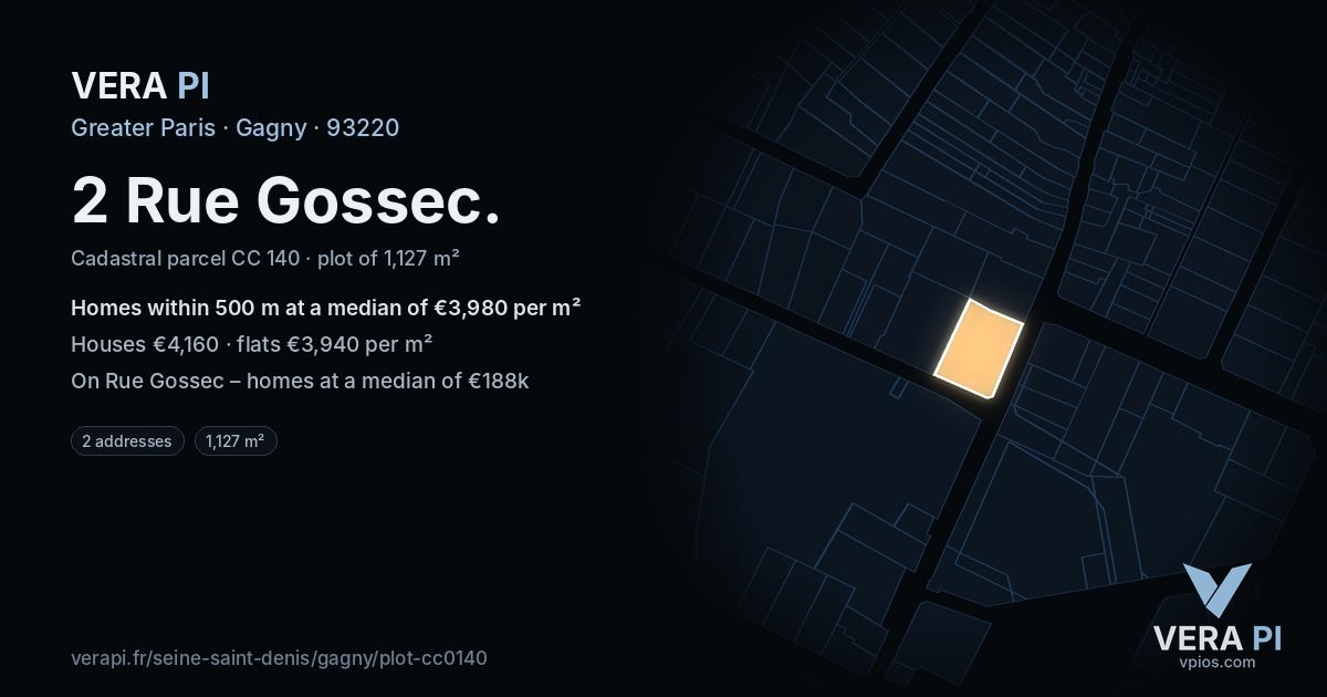 2 Rue Gossec, Gagny at night – the plot lit, the parcels around coloured by the prices near them