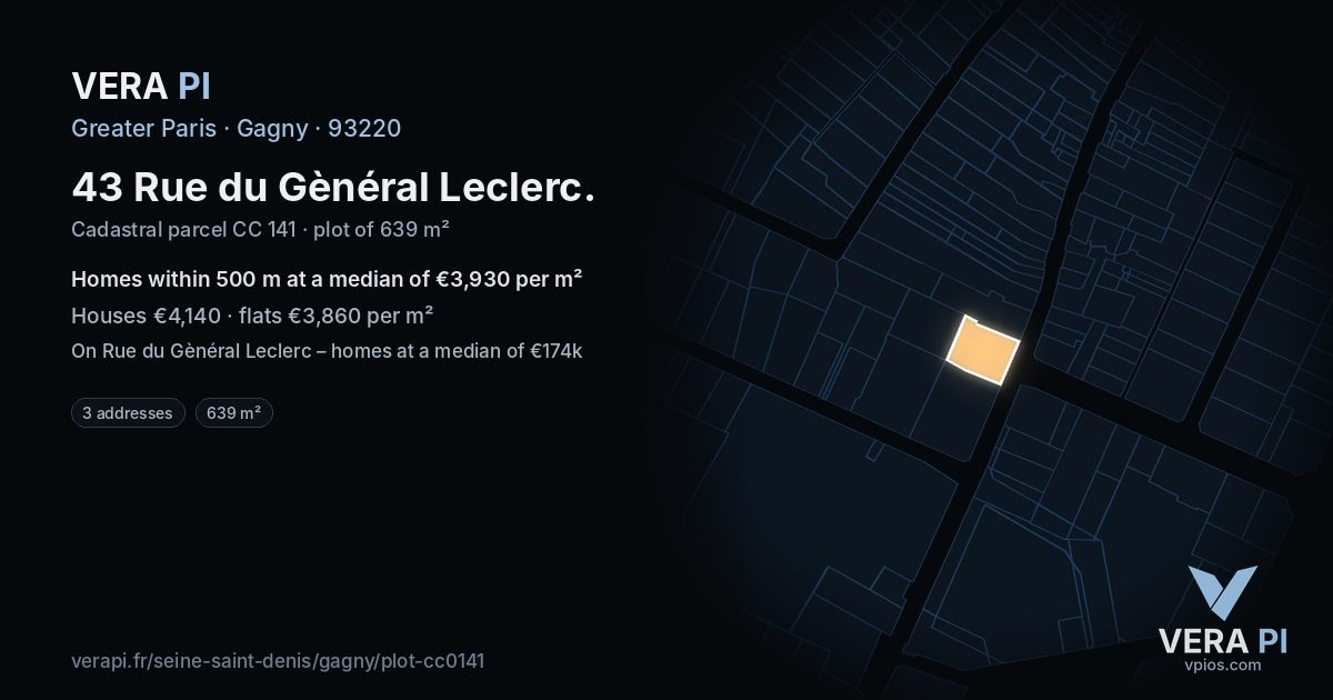 43 Rue du Gènéral Leclerc, Gagny at night – the plot lit, the parcels around coloured by the prices near them