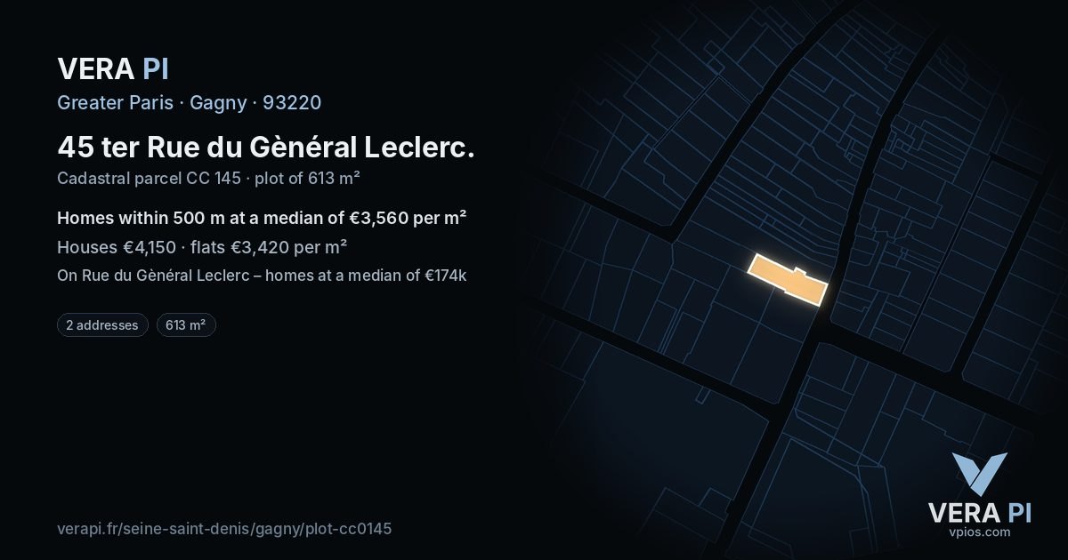 45 ter Rue du Gènéral Leclerc, Gagny at night – the plot lit, the parcels around coloured by the prices near them