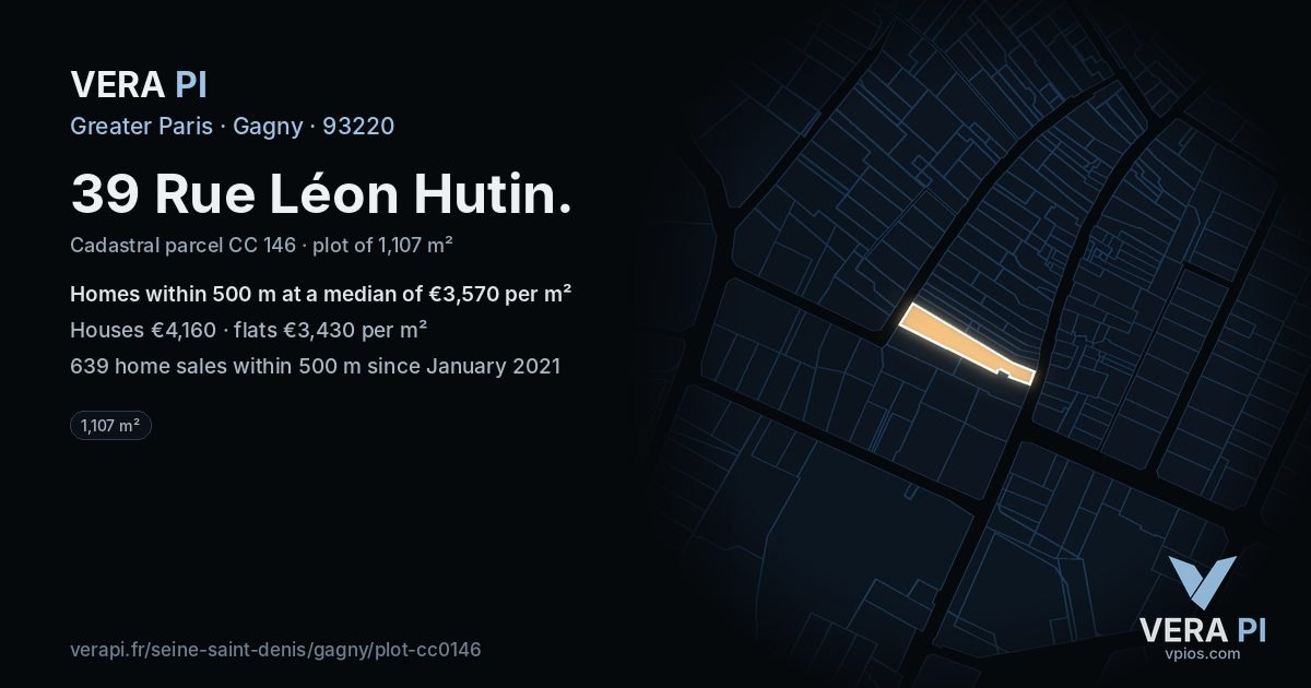 39 Rue Léon Hutin, Gagny at night – the plot lit, the parcels around coloured by the prices near them
