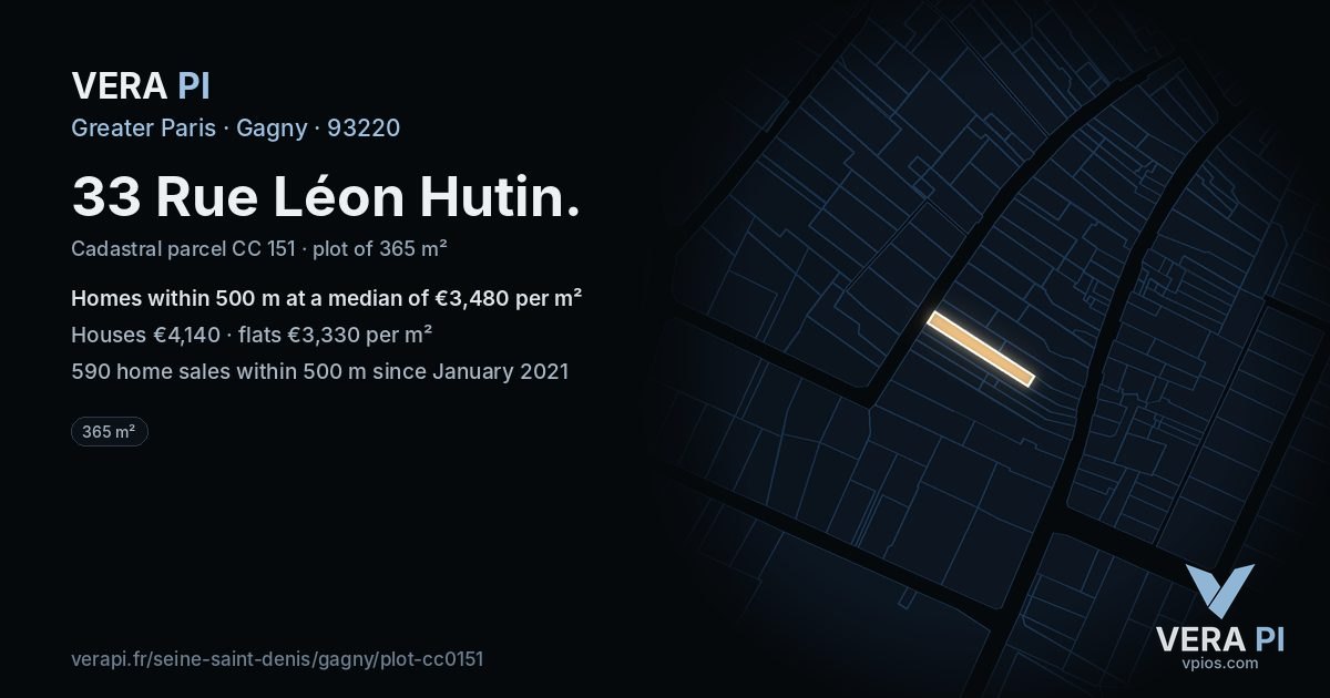 33 Rue Léon Hutin, Gagny at night – the plot lit, the parcels around coloured by the prices near them