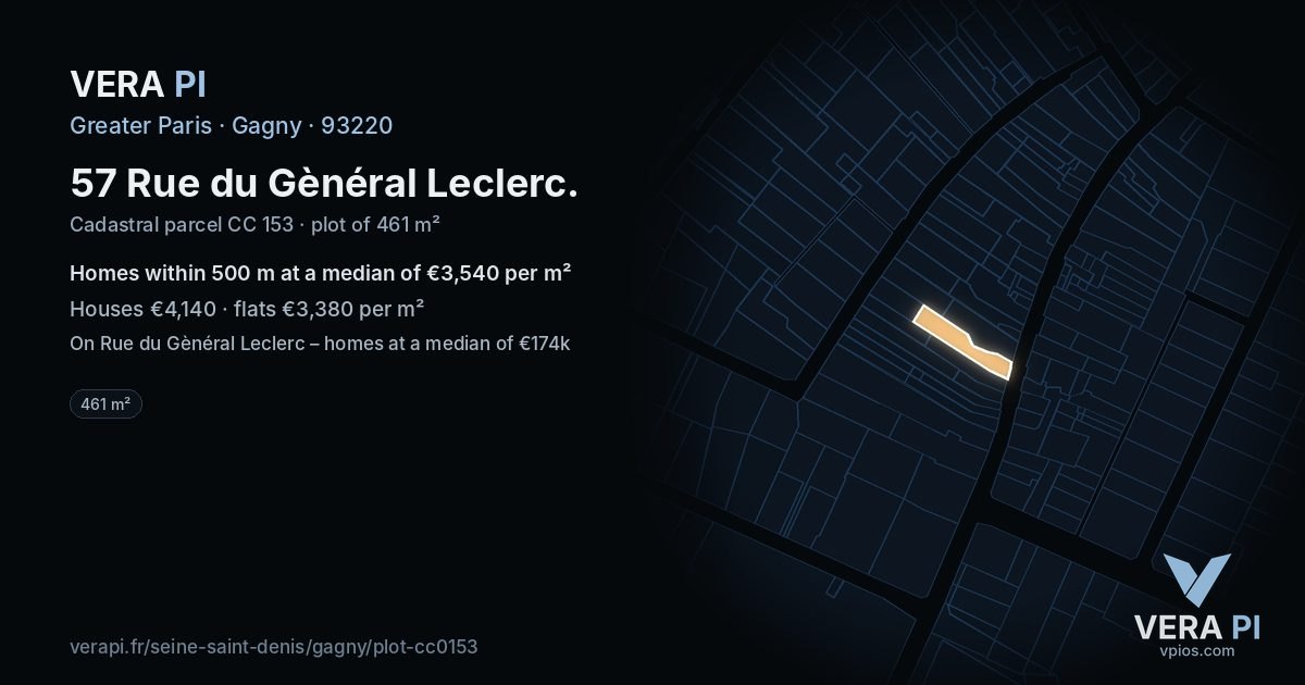 57 Rue du Gènéral Leclerc, Gagny at night – the plot lit, the parcels around coloured by the prices near them