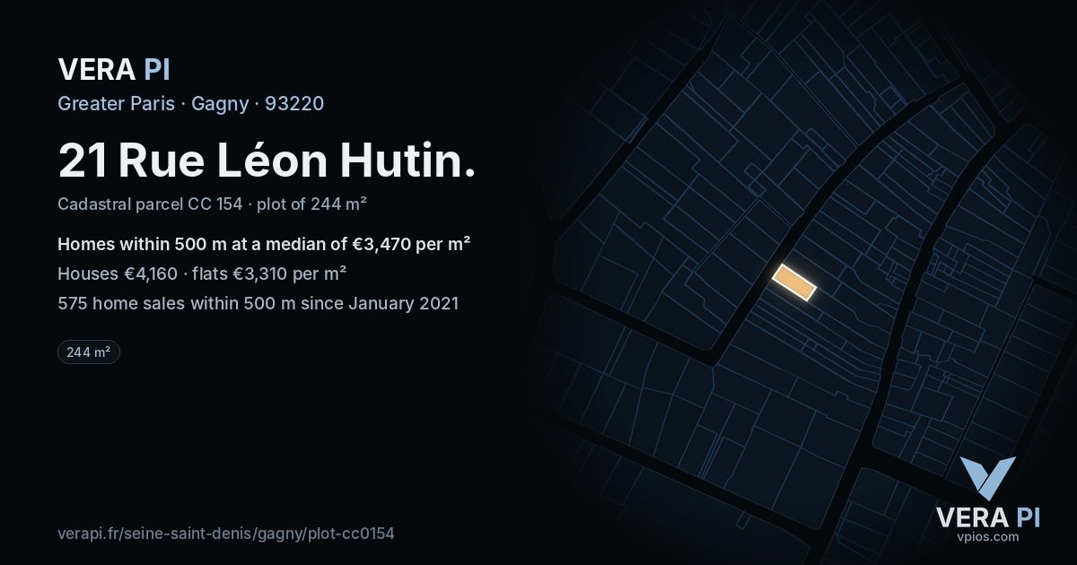 21 Rue Léon Hutin, Gagny at night – the plot lit, the parcels around coloured by the prices near them