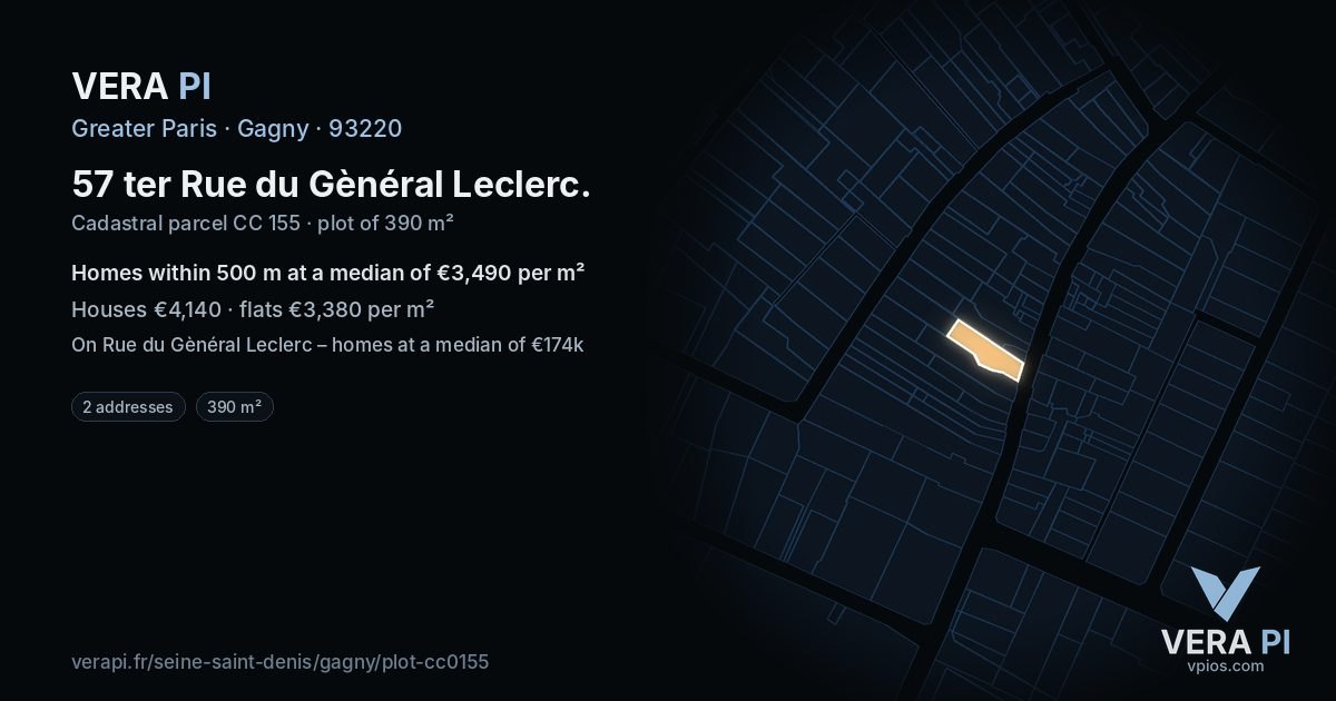 57 ter Rue du Gènéral Leclerc, Gagny at night – the plot lit, the parcels around coloured by the prices near them