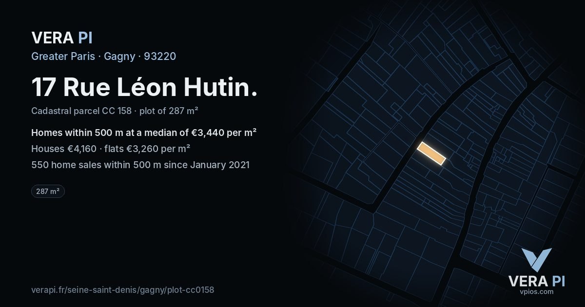 17 Rue Léon Hutin, Gagny at night – the plot lit, the parcels around coloured by the prices near them