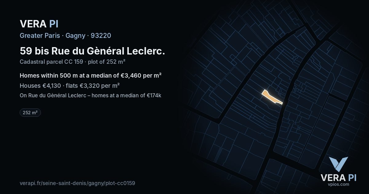 59 bis Rue du Gènéral Leclerc, Gagny at night – the plot lit, the parcels around coloured by the prices near them
