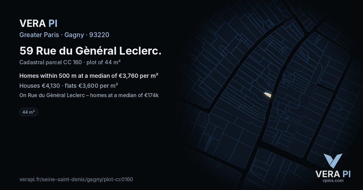 59 Rue du Gènéral Leclerc, Gagny at night – the plot lit, the parcels around coloured by the prices near them