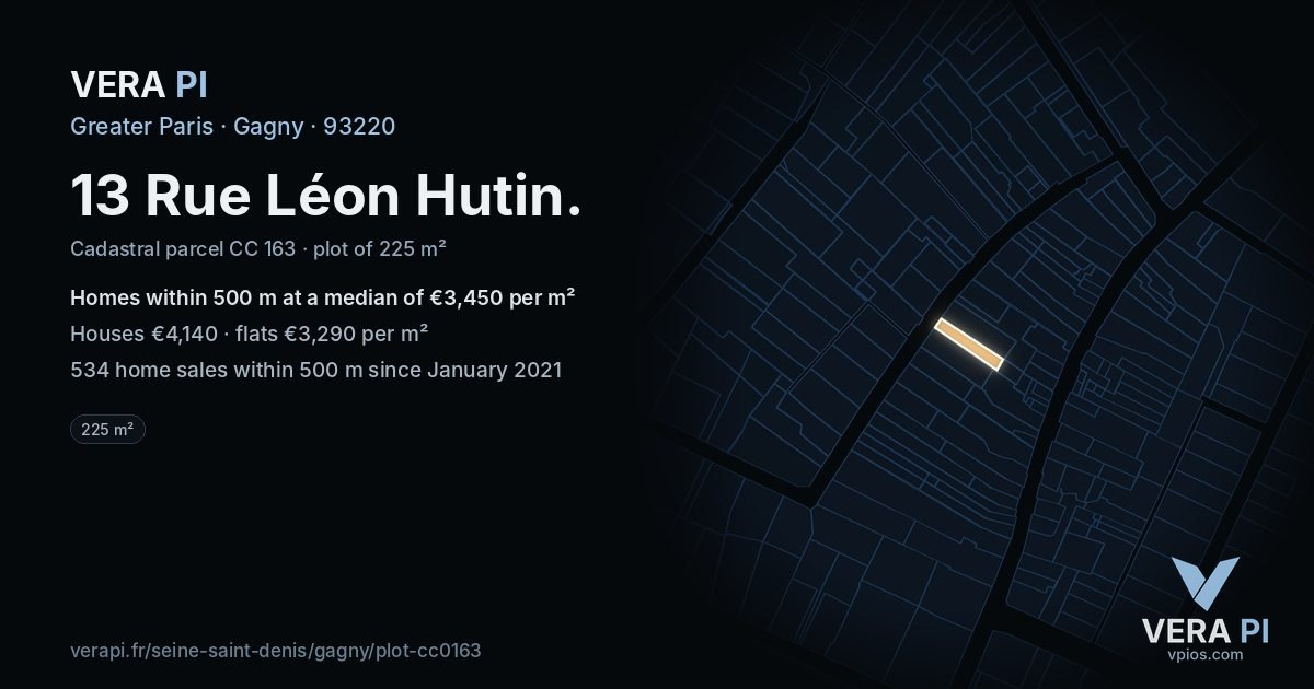 13 Rue Léon Hutin, Gagny at night – the plot lit, the parcels around coloured by the prices near them
