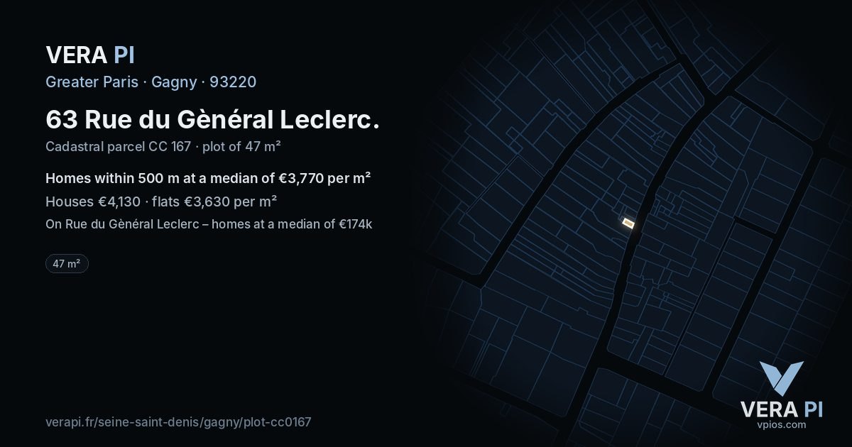 63 Rue du Gènéral Leclerc, Gagny at night – the plot lit, the parcels around coloured by the prices near them