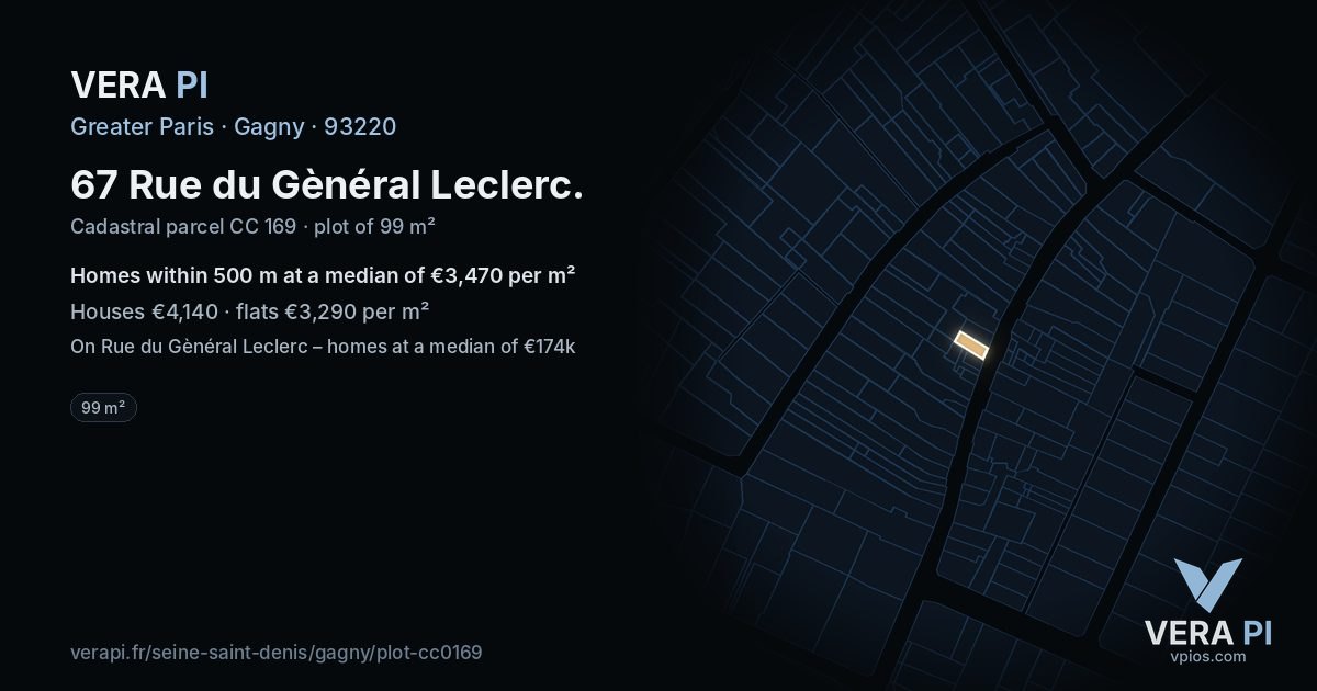 67 Rue du Gènéral Leclerc, Gagny at night – the plot lit, the parcels around coloured by the prices near them