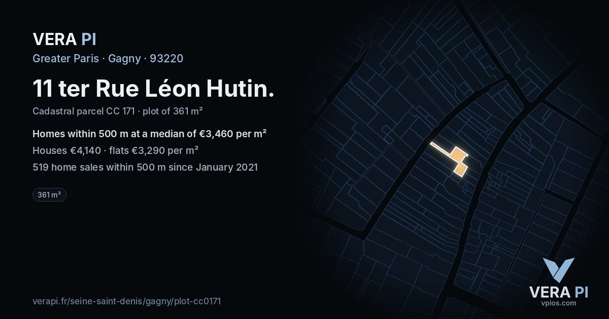 11 ter Rue Léon Hutin, Gagny at night – the plot lit, the parcels around coloured by the prices near them