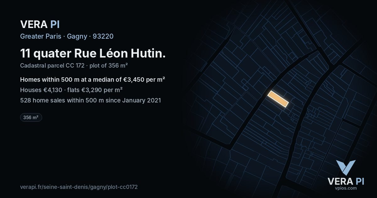 11 quater Rue Léon Hutin, Gagny at night – the plot lit, the parcels around coloured by the prices near them
