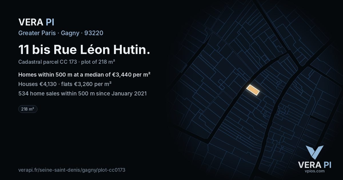 11 bis Rue Léon Hutin, Gagny at night – the plot lit, the parcels around coloured by the prices near them