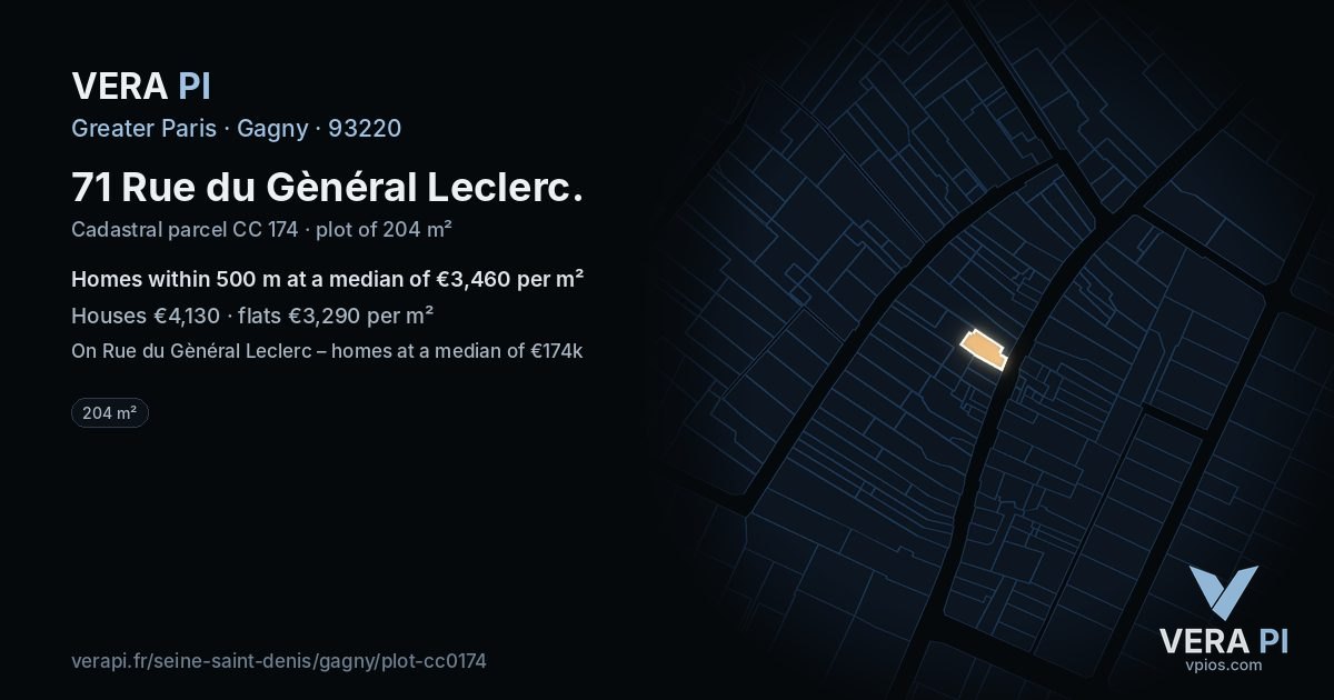 71 Rue du Gènéral Leclerc, Gagny at night – the plot lit, the parcels around coloured by the prices near them