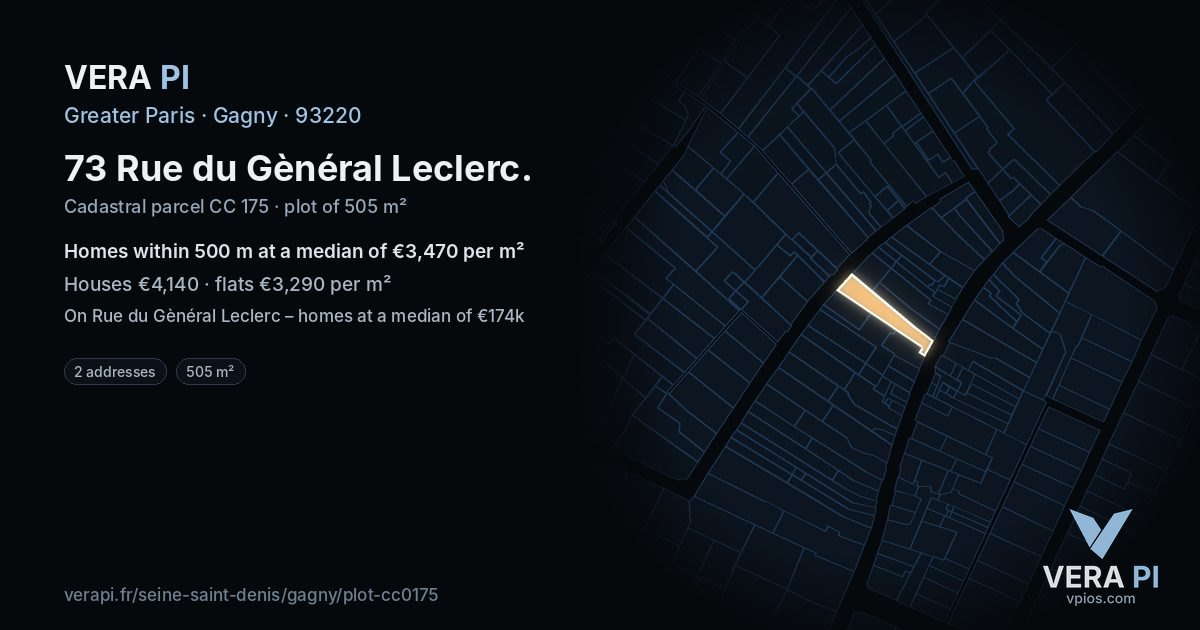 73 Rue du Gènéral Leclerc, Gagny at night – the plot lit, the parcels around coloured by the prices near them