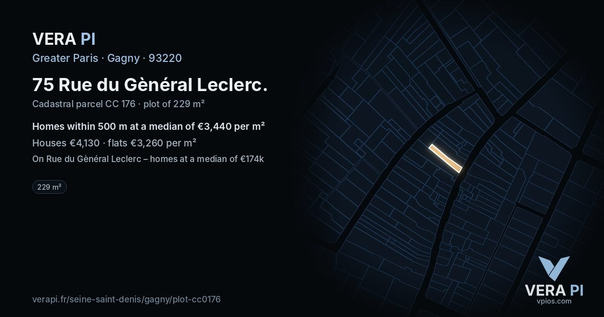 75 Rue du Gènéral Leclerc, Gagny at night – the plot lit, the parcels around coloured by the prices near them
