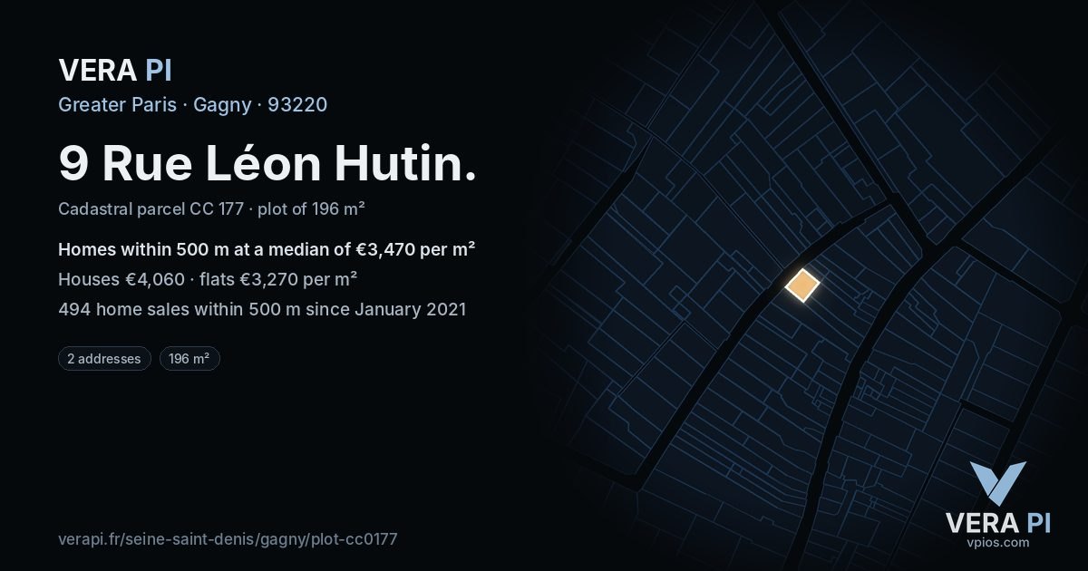 9 Rue Léon Hutin, Gagny at night – the plot lit, the parcels around coloured by the prices near them
