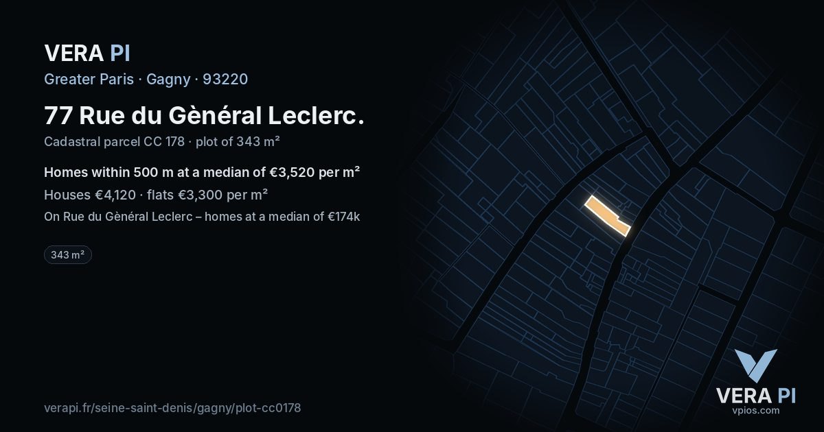 77 Rue du Gènéral Leclerc, Gagny at night – the plot lit, the parcels around coloured by the prices near them