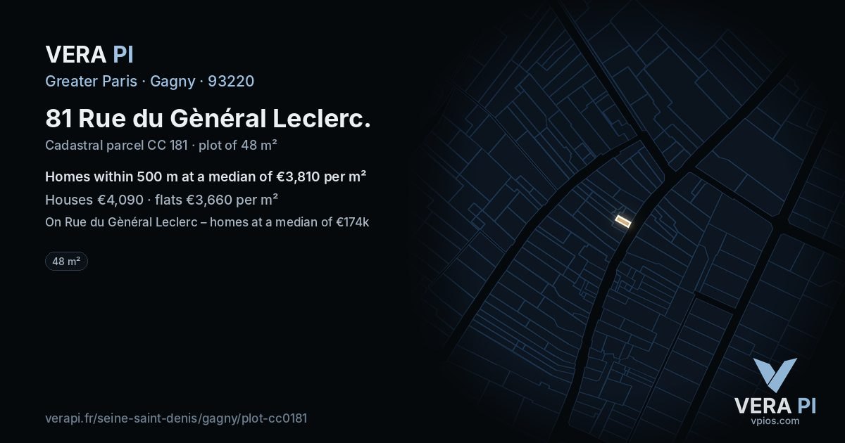 81 Rue du Gènéral Leclerc, Gagny at night – the plot lit, the parcels around coloured by the prices near them