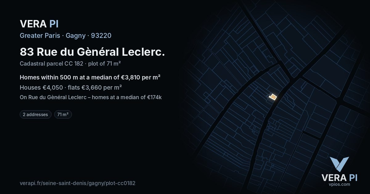 83 Rue du Gènéral Leclerc, Gagny at night – the plot lit, the parcels around coloured by the prices near them