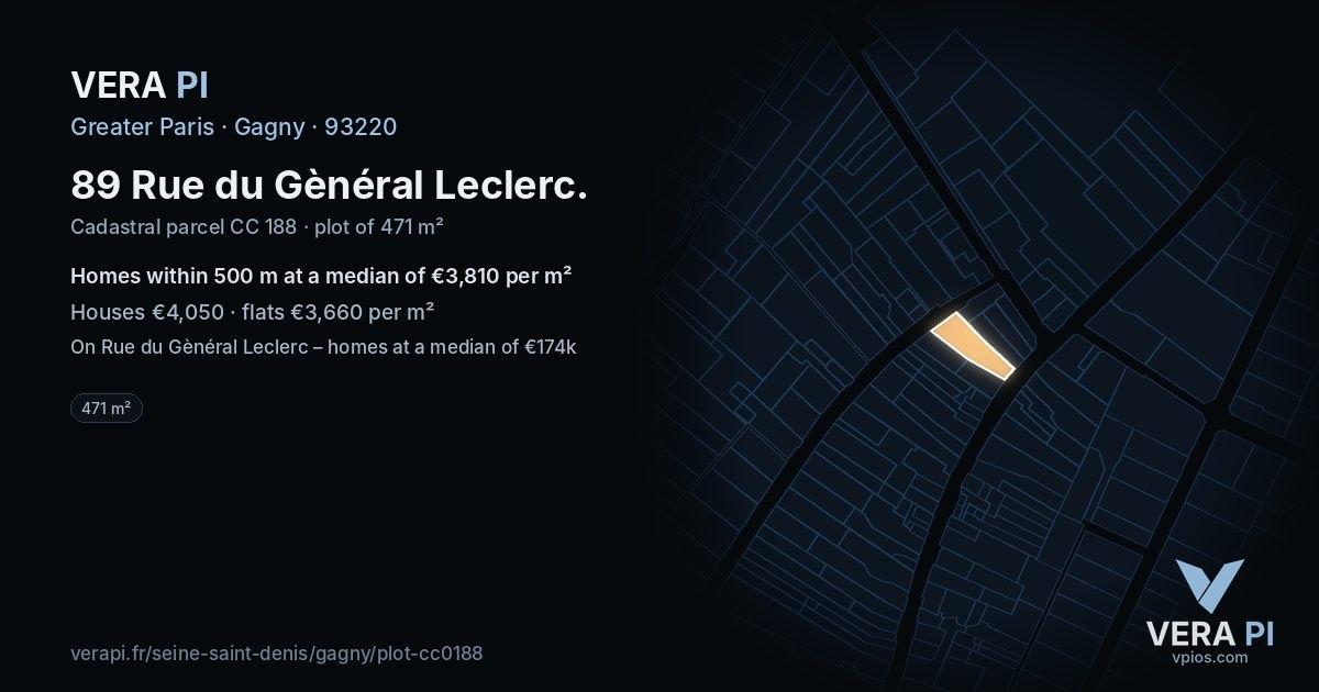 89 Rue du Gènéral Leclerc, Gagny at night – the plot lit, the parcels around coloured by the prices near them