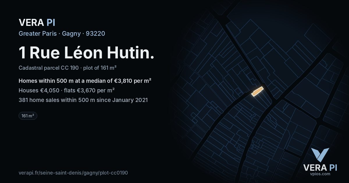 1 Rue Léon Hutin, Gagny at night – the plot lit, the parcels around coloured by the prices near them