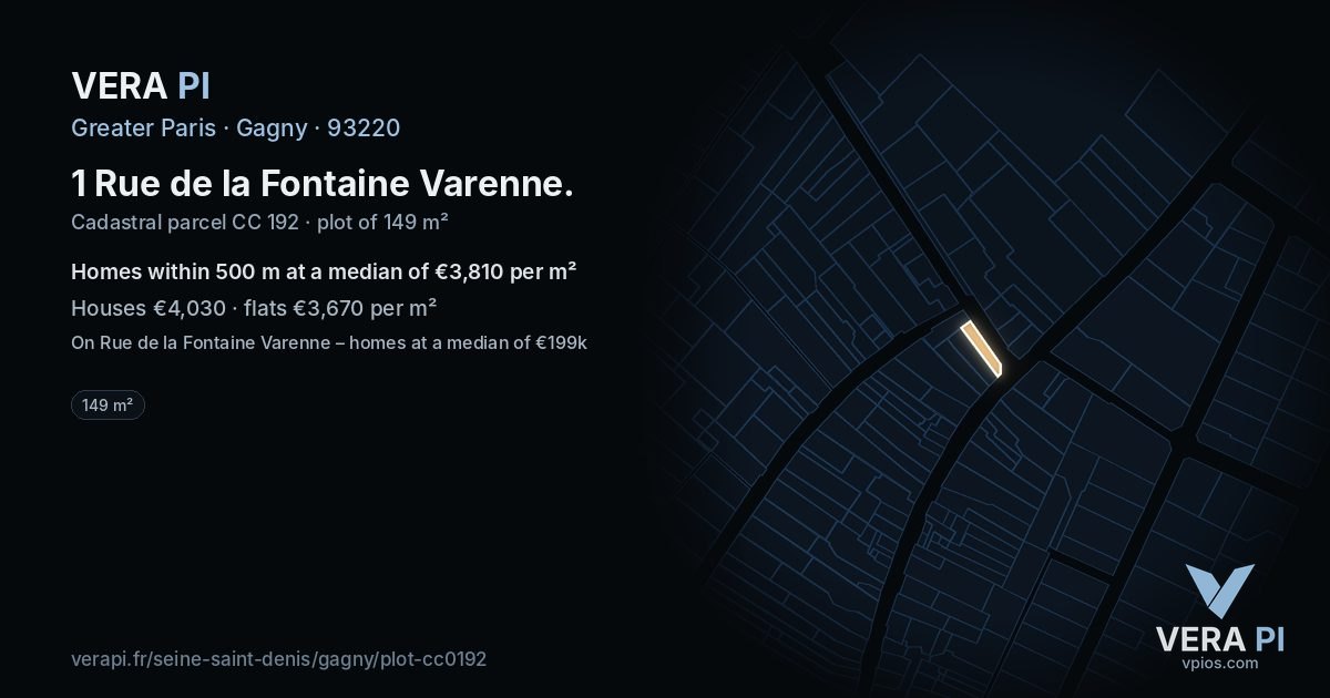 1 Rue de la Fontaine Varenne, Gagny at night – the plot lit, the parcels around coloured by the prices near them