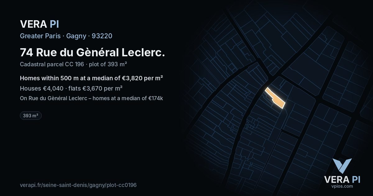 74 Rue du Gènéral Leclerc, Gagny at night – the plot lit, the parcels around coloured by the prices near them