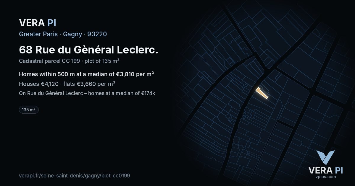 68 Rue du Gènéral Leclerc, Gagny at night – the plot lit, the parcels around coloured by the prices near them