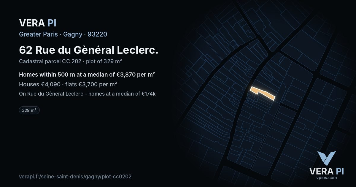 62 Rue du Gènéral Leclerc, Gagny at night – the plot lit, the parcels around coloured by the prices near them