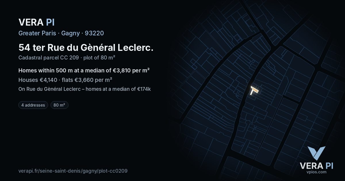 54 ter Rue du Gènéral Leclerc, Gagny at night – the plot lit, the parcels around coloured by the prices near them