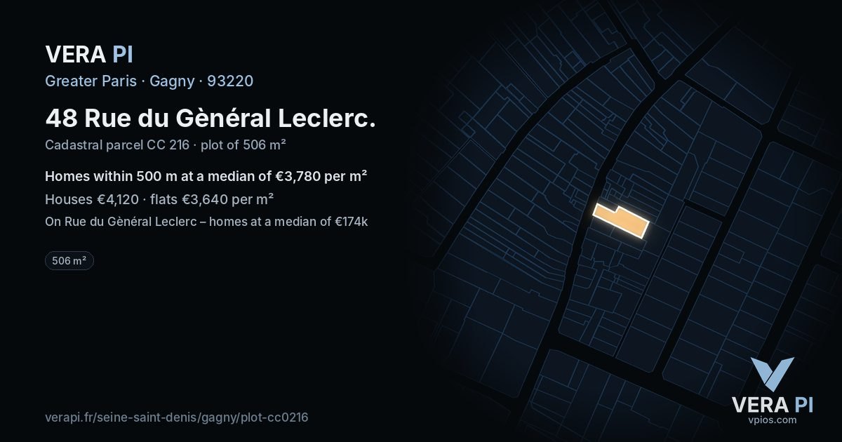 48 Rue du Gènéral Leclerc, Gagny at night – the plot lit, the parcels around coloured by the prices near them