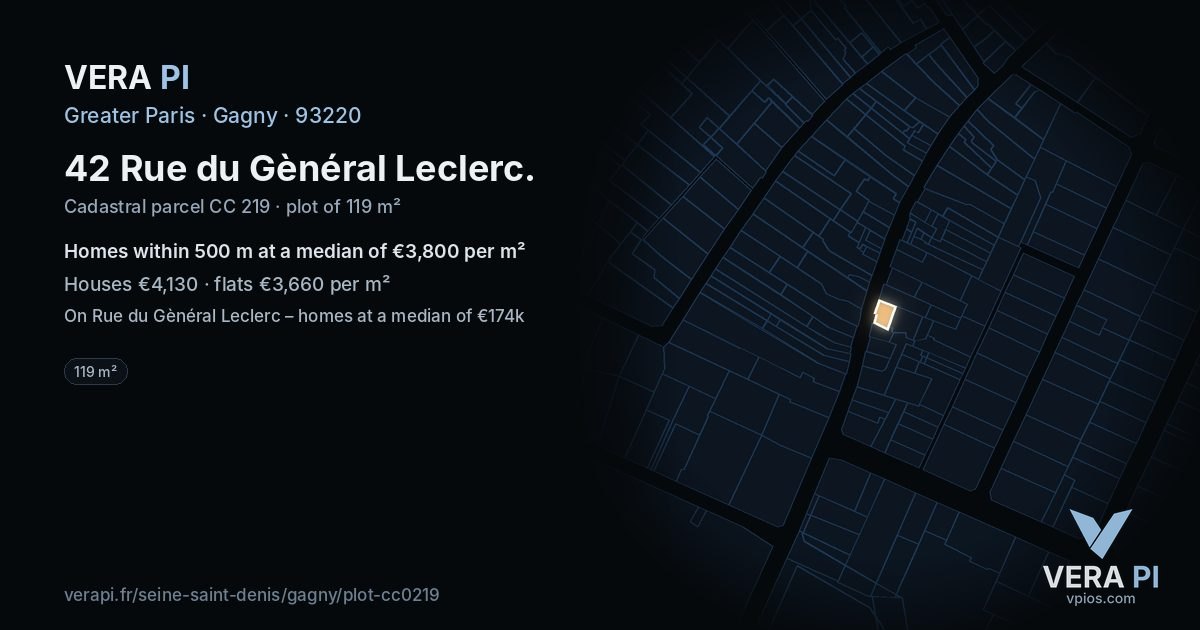 42 Rue du Gènéral Leclerc, Gagny at night – the plot lit, the parcels around coloured by the prices near them