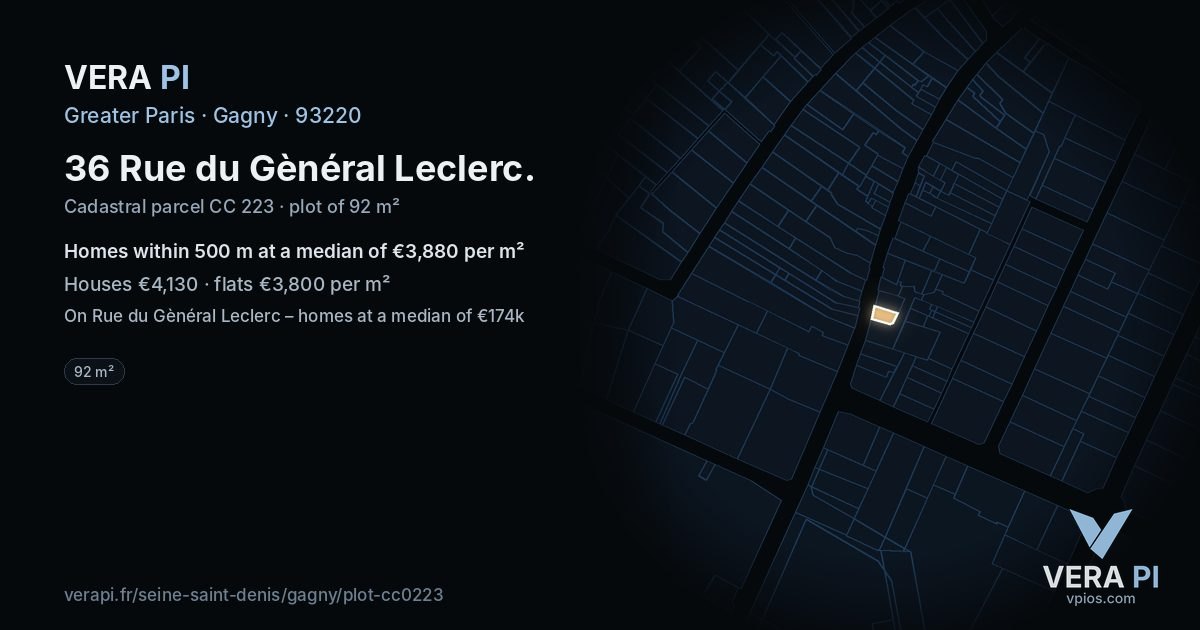 36 Rue du Gènéral Leclerc, Gagny at night – the plot lit, the parcels around coloured by the prices near them