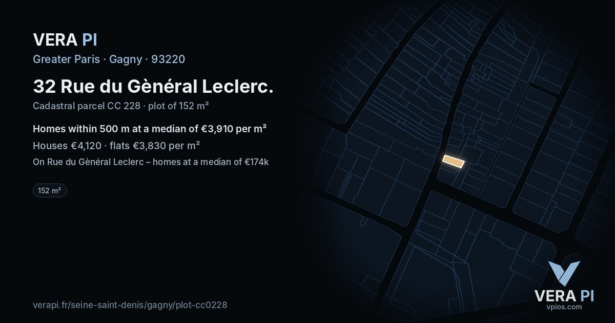 32 Rue du Gènéral Leclerc, Gagny at night – the plot lit, the parcels around coloured by the prices near them
