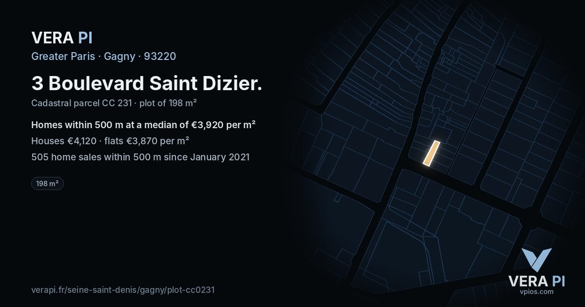 3 Boulevard Saint Dizier, Gagny at night – the plot lit, the parcels around coloured by the prices near them