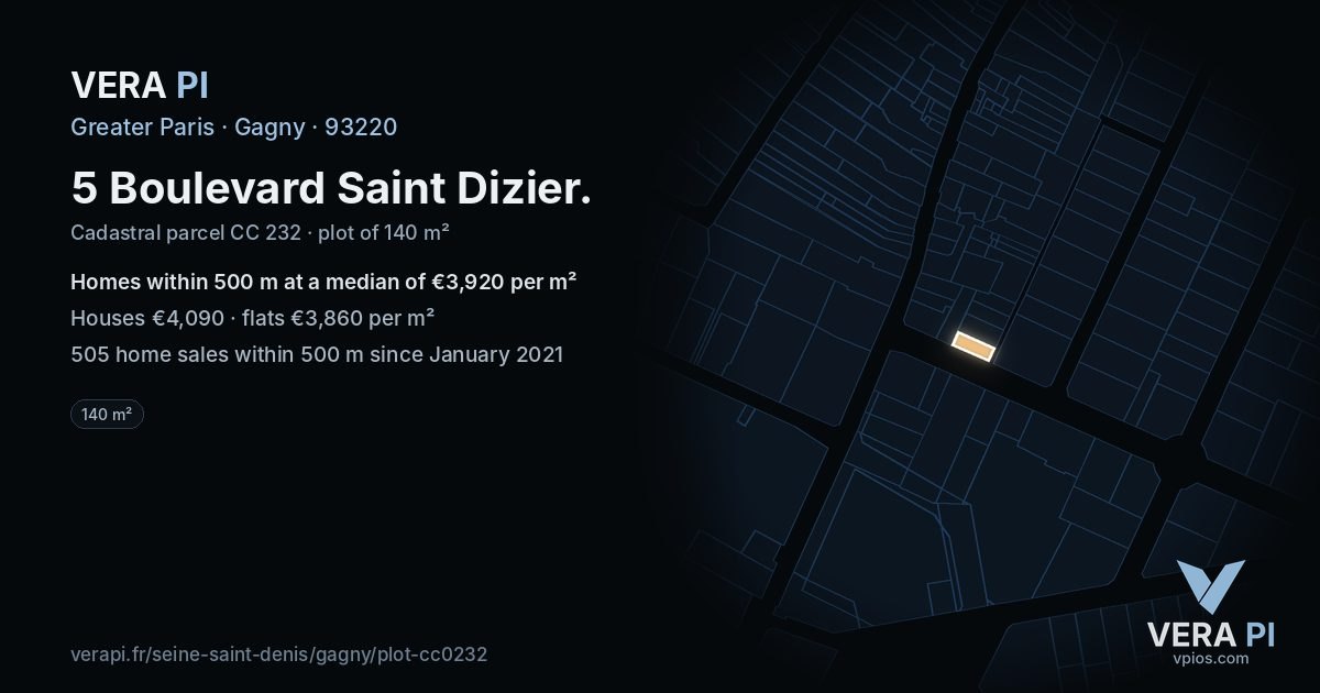5 Boulevard Saint Dizier, Gagny at night – the plot lit, the parcels around coloured by the prices near them