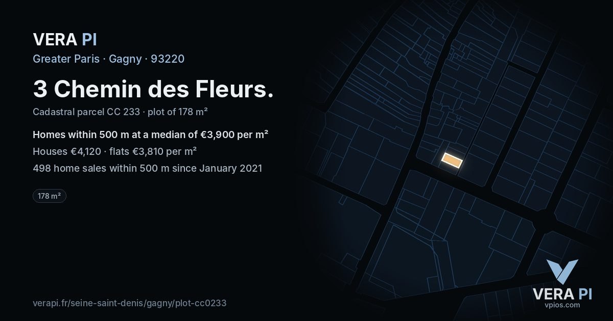3 Chemin des Fleurs, Gagny at night – the plot lit, the parcels around coloured by the prices near them