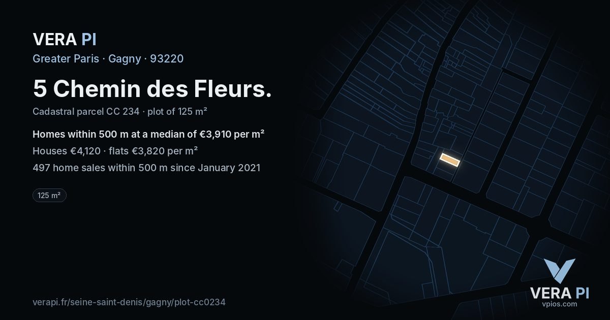 5 Chemin des Fleurs, Gagny at night – the plot lit, the parcels around coloured by the prices near them