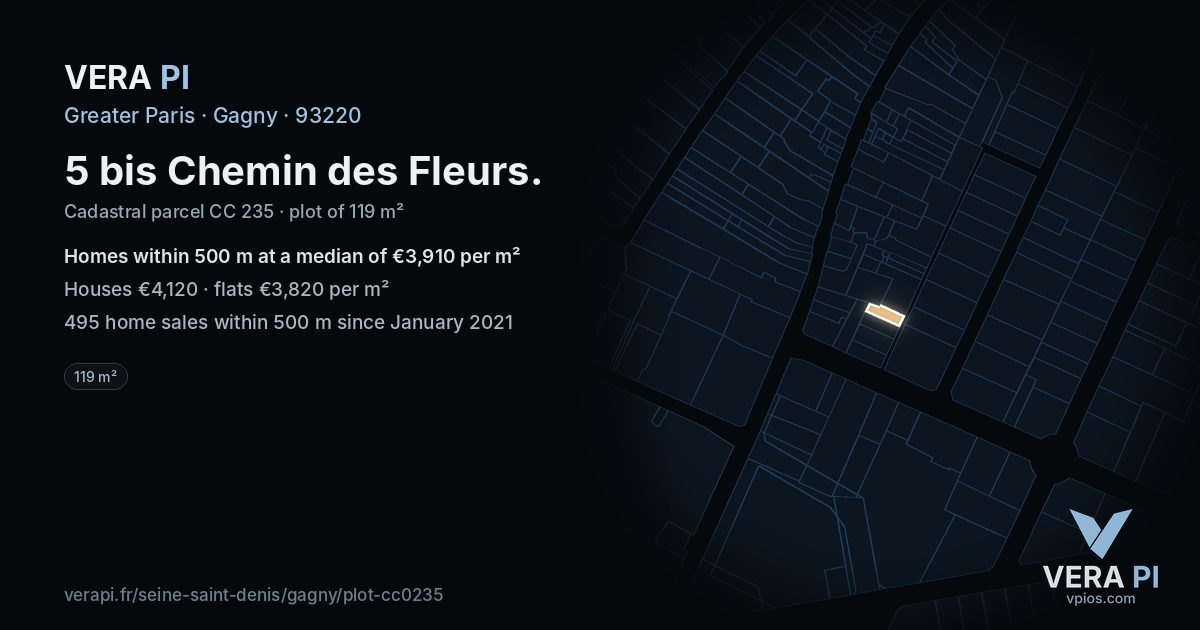5 bis Chemin des Fleurs, Gagny at night – the plot lit, the parcels around coloured by the prices near them