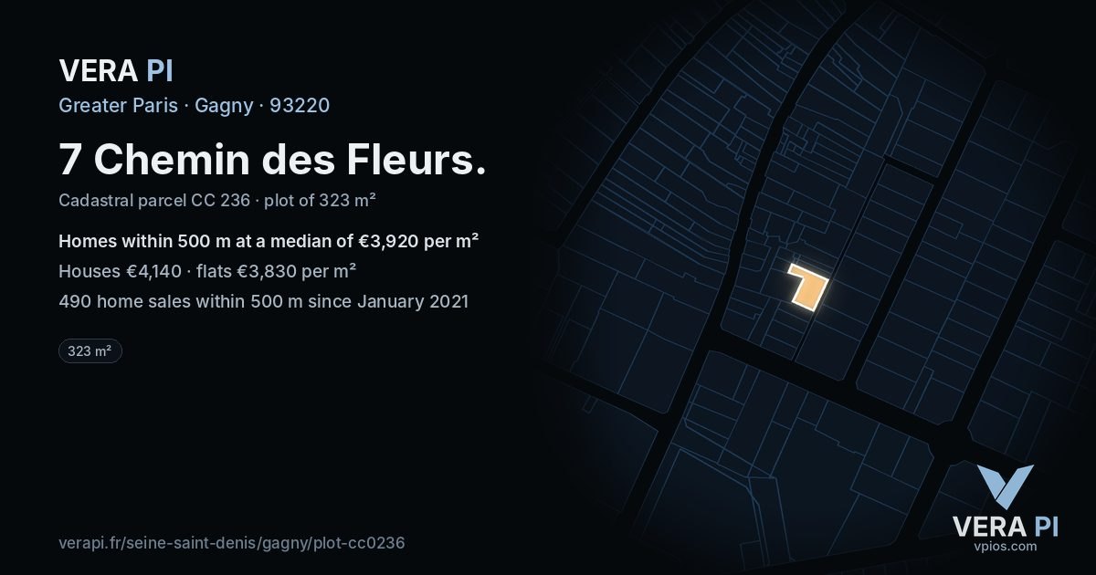 7 Chemin des Fleurs, Gagny at night – the plot lit, the parcels around coloured by the prices near them