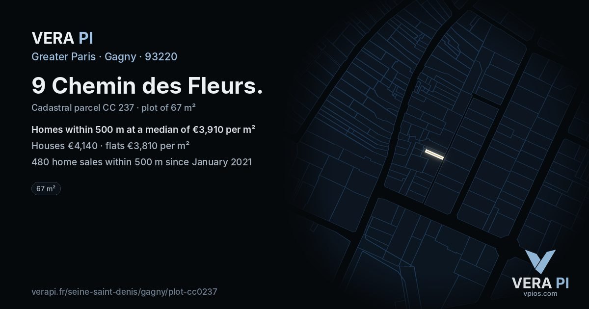 9 Chemin des Fleurs, Gagny at night – the plot lit, the parcels around coloured by the prices near them
